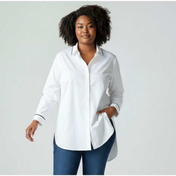 Chico's No-Iron White Black Contrast Trim Hi-Low Tunic Top - Size 3 XL - Picture 1 of 12